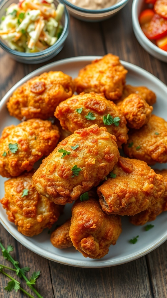 Crispy Flour Fried Chicken Recipe Crispy fried chicken pieces on a plate with herbs and a side of coleslaw.
